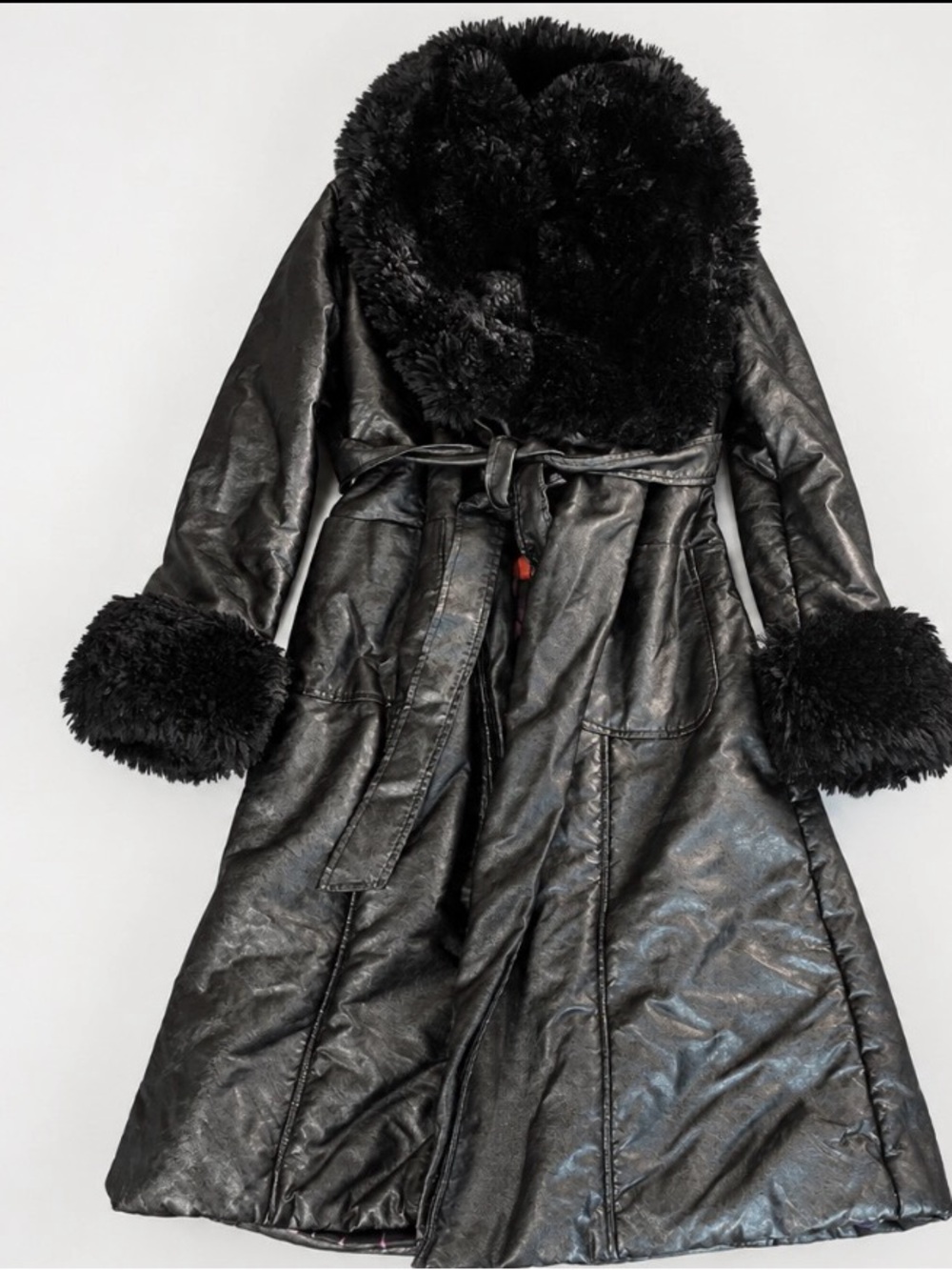 Hatch Black Faux-Leather Trench Coat with Faux-Fur Trim